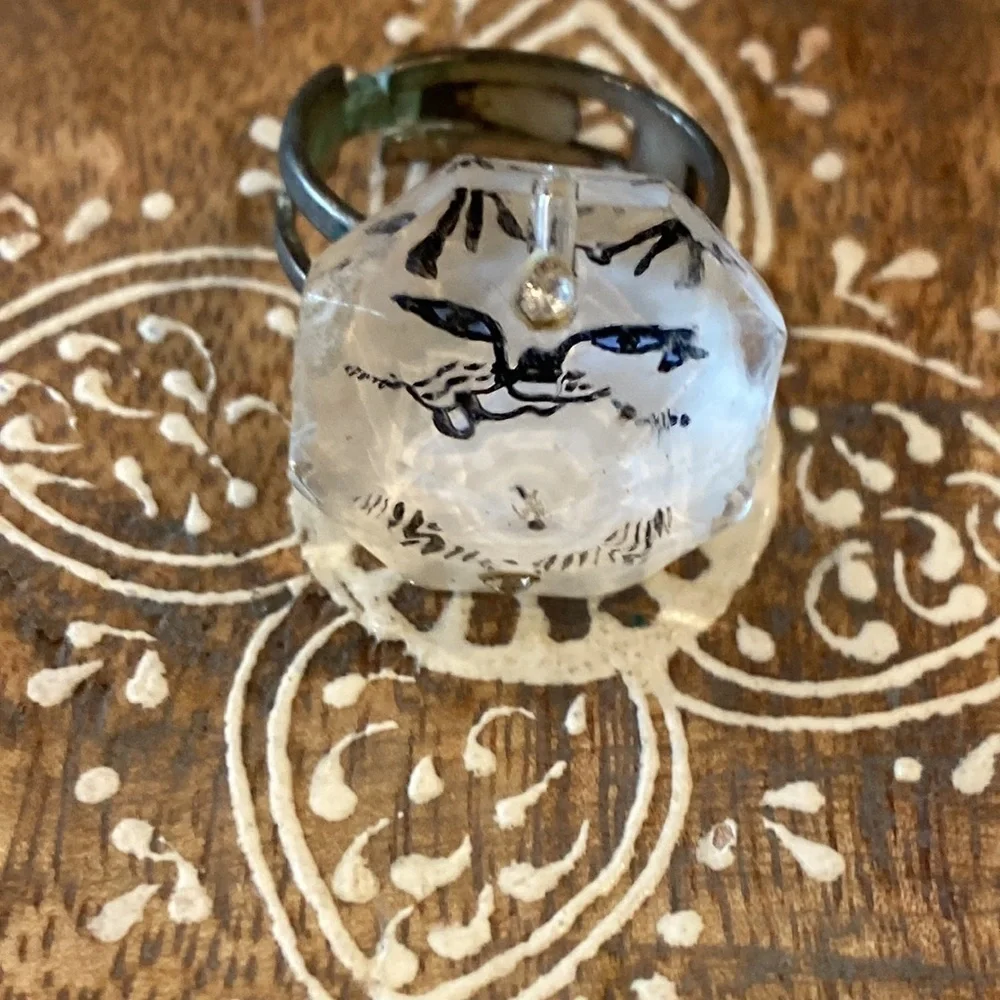 Juliette Ramade Hand Painted White Cat Ring OS